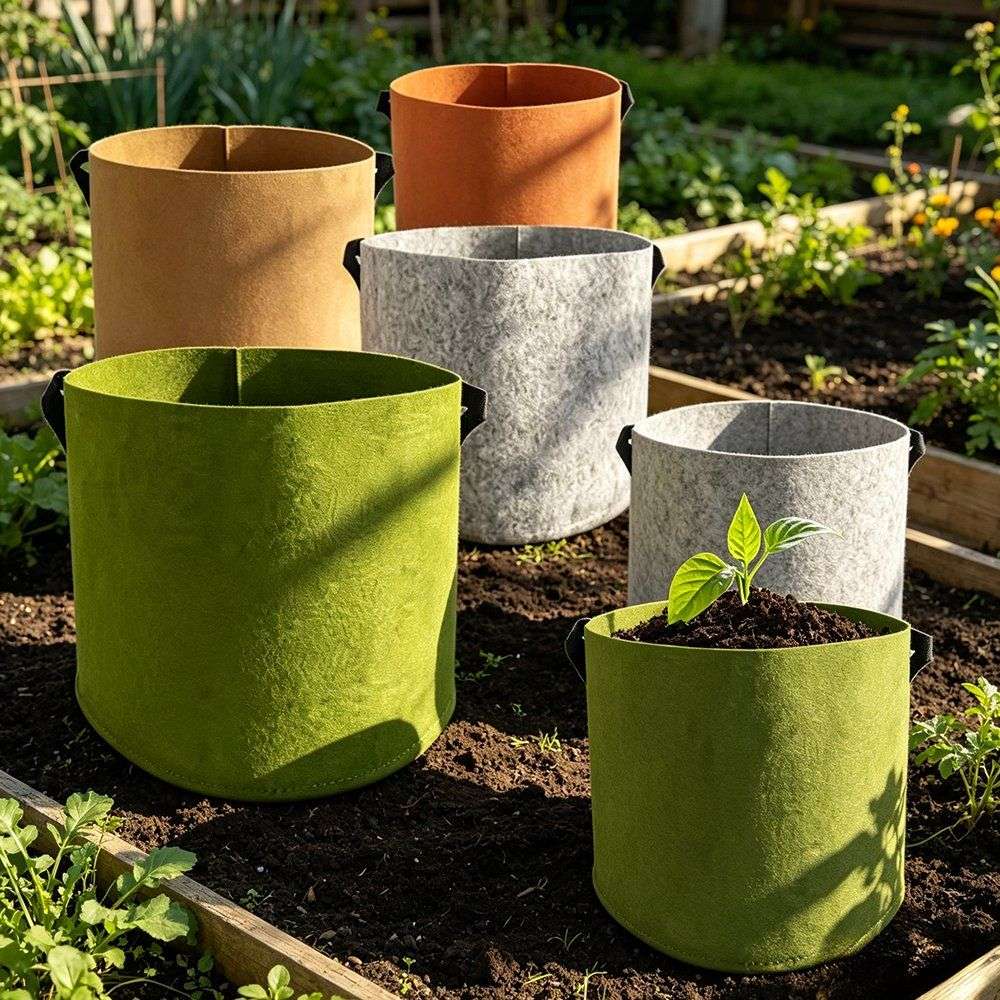 felt grow bags shown in green tan orange brown and stone grey