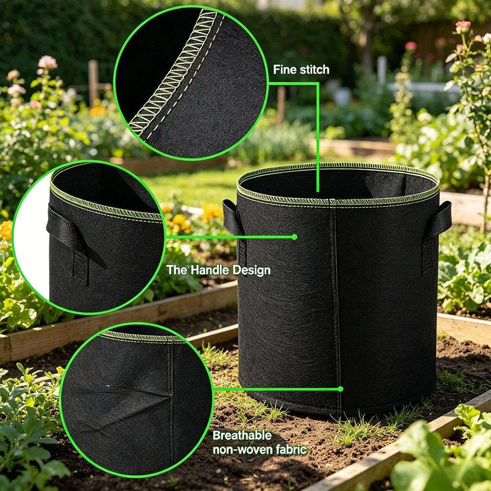 felt grow bag callouts for fine stitch handle design and breathable fabric