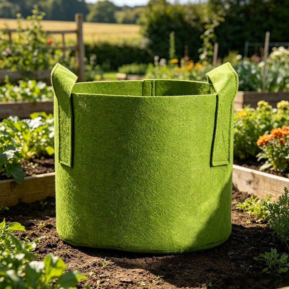 bright green felt grow bag with stitched handles in a garden setting