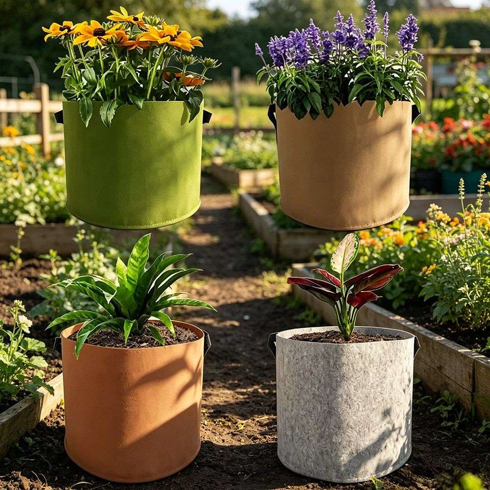 felt grow bags in several colours planted with flowers and foliage