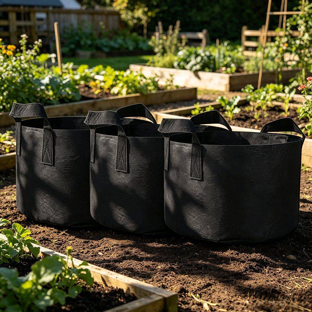 black felt grow bags with handles standing in a timber raised bed