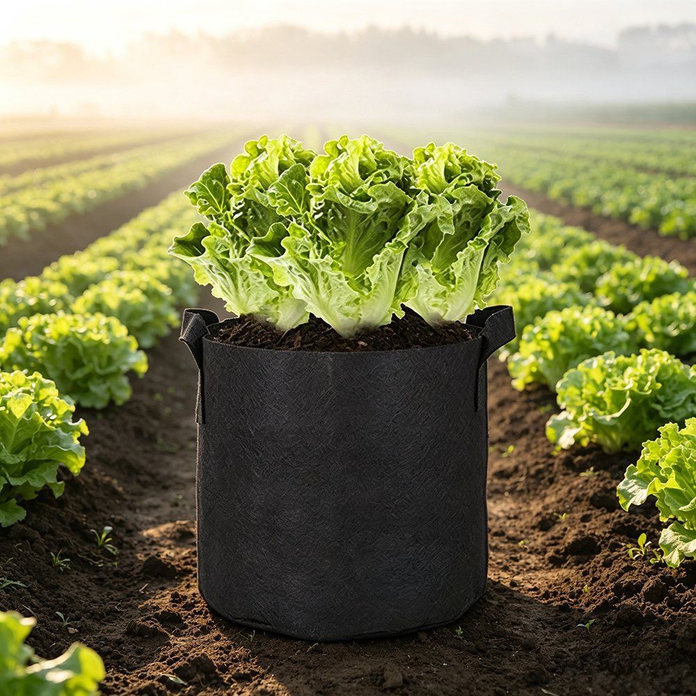 grey felt grow bag with lettuce in a field at dawn