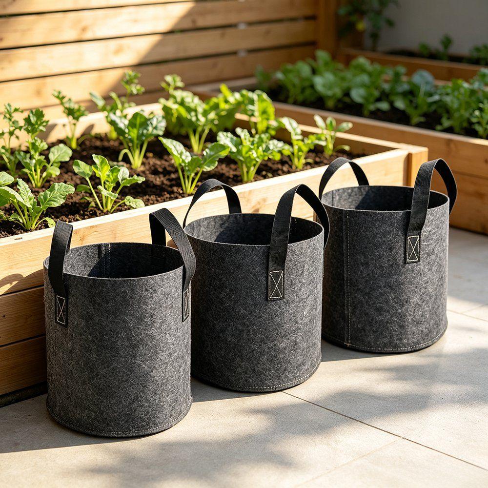 felt grow bags standing beside a timber raised bed in a garden