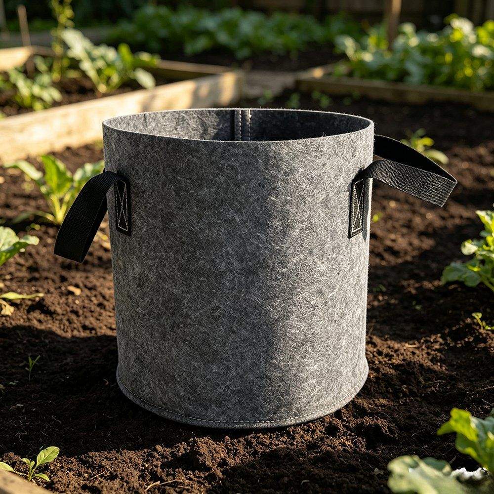 grey felt grow bag with a romaine lettuce in a garden bed