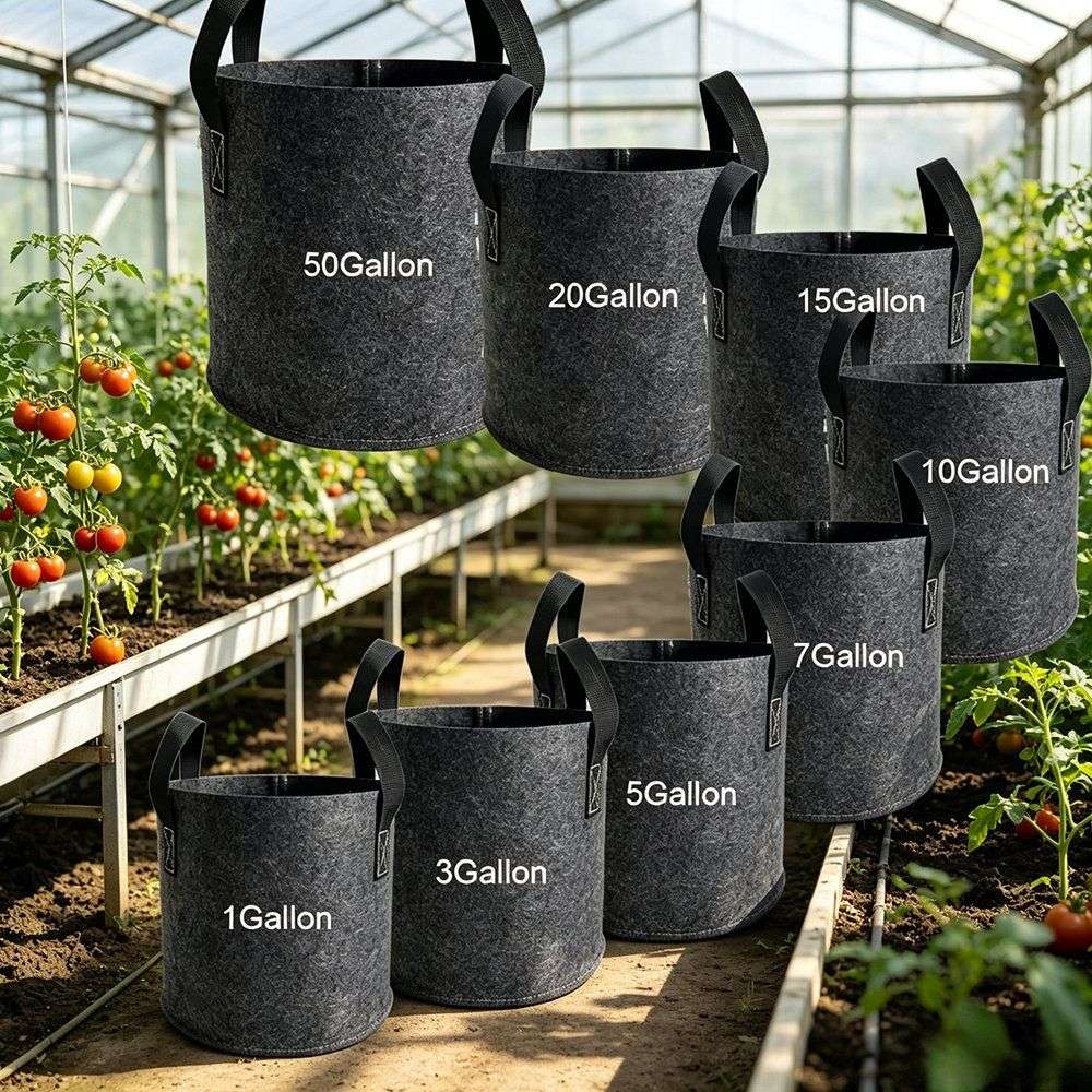 felt grow bags shown in a ladder from one gallon up to fifty gallon