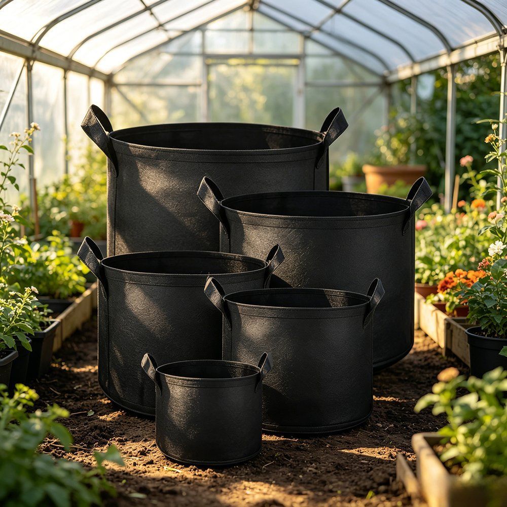 black felt grow bags in a range of sizes inside a greenhouse