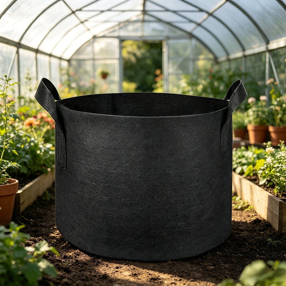 black felt grow bags standing among raised beds in a greenhouse