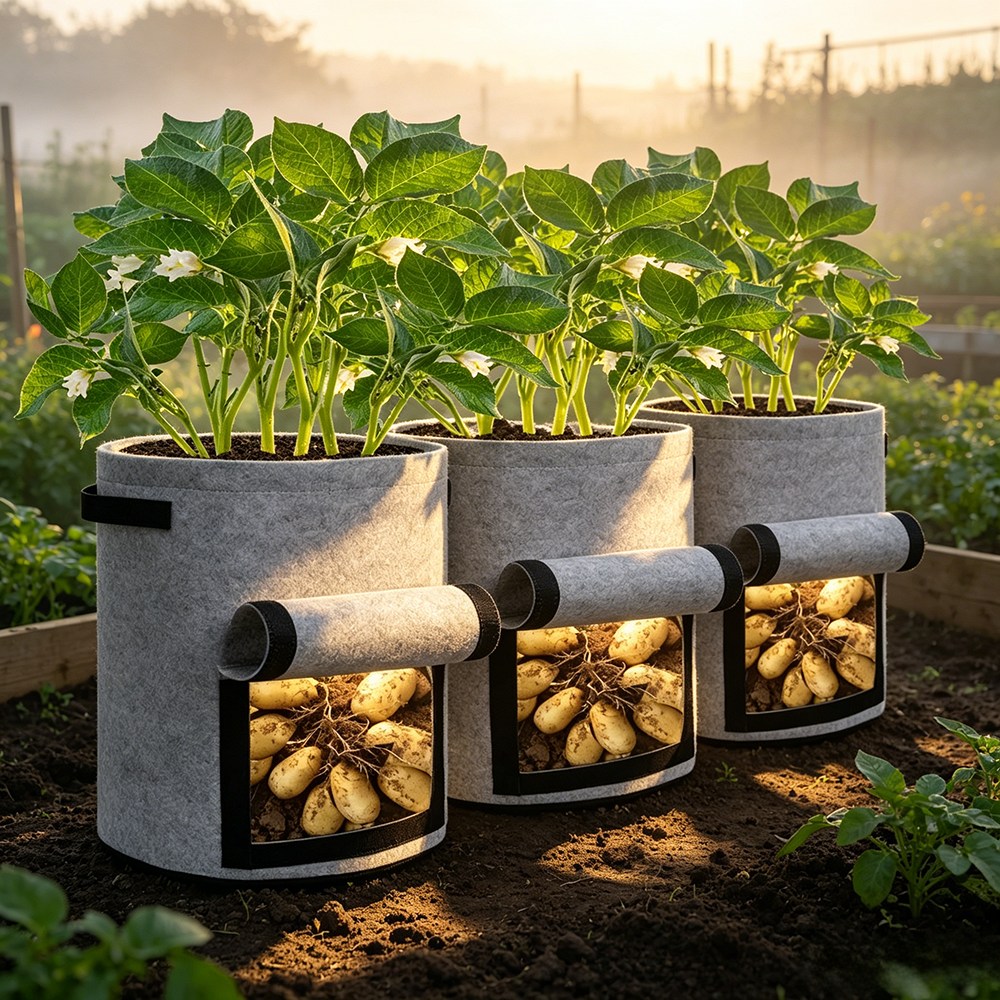 grow bags in three sizes shown as a display set