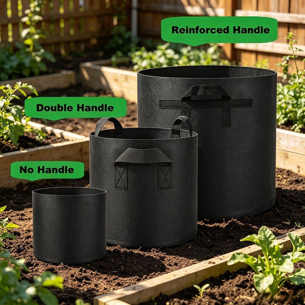 grow bag handle configurations showing no handle double handle and reinforced handle