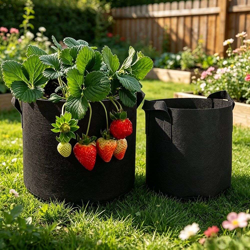 black heavy duty grow bag planted with strawberries on a lawn