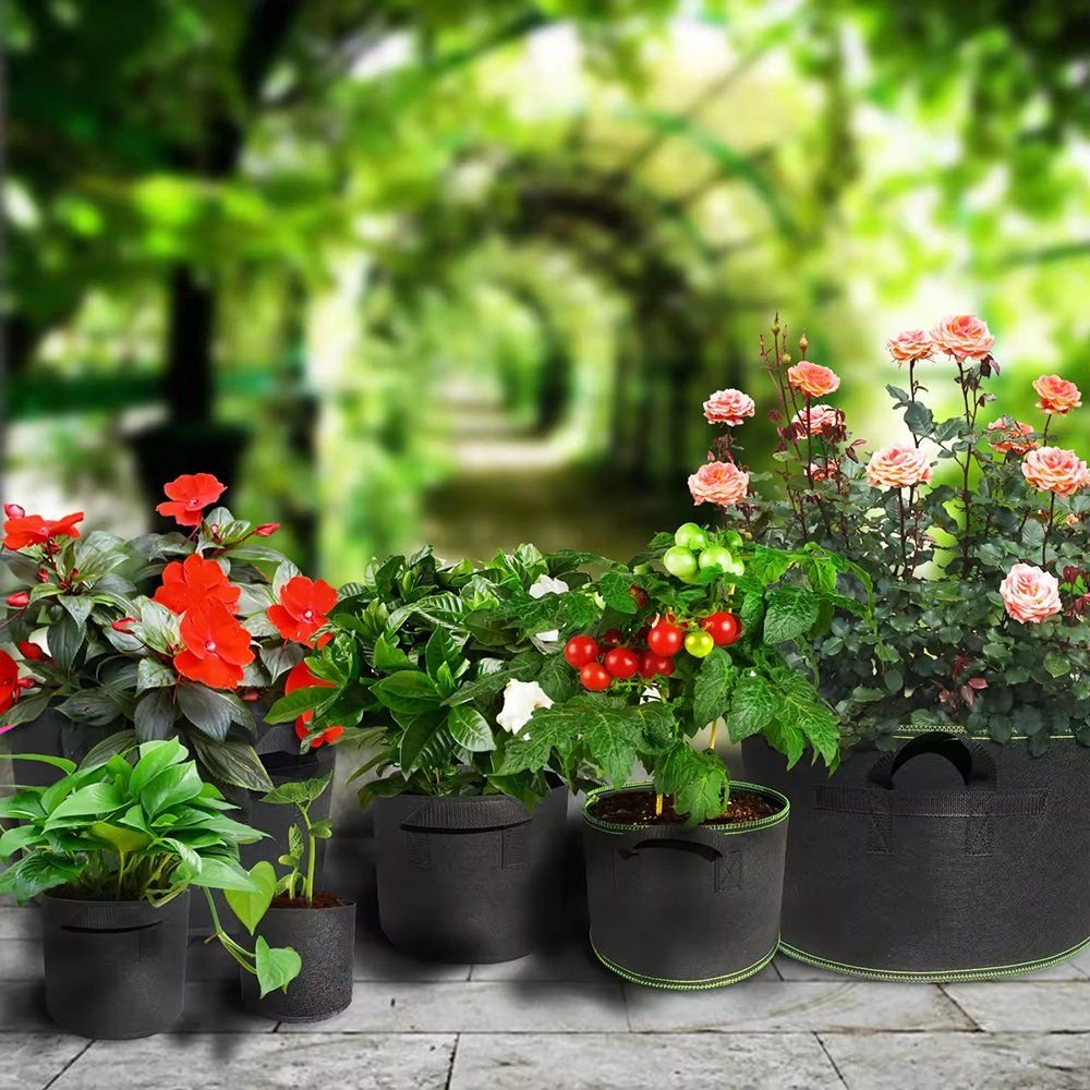 nonwoven grow bags planted with flowering plants in front of a garden arch