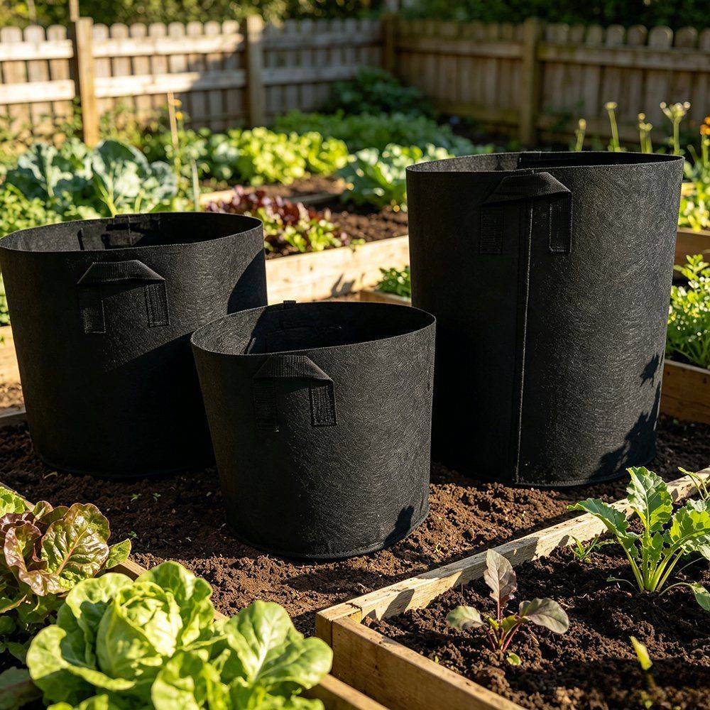 black polyester grow bags standing among lettuce in a timber raised bed