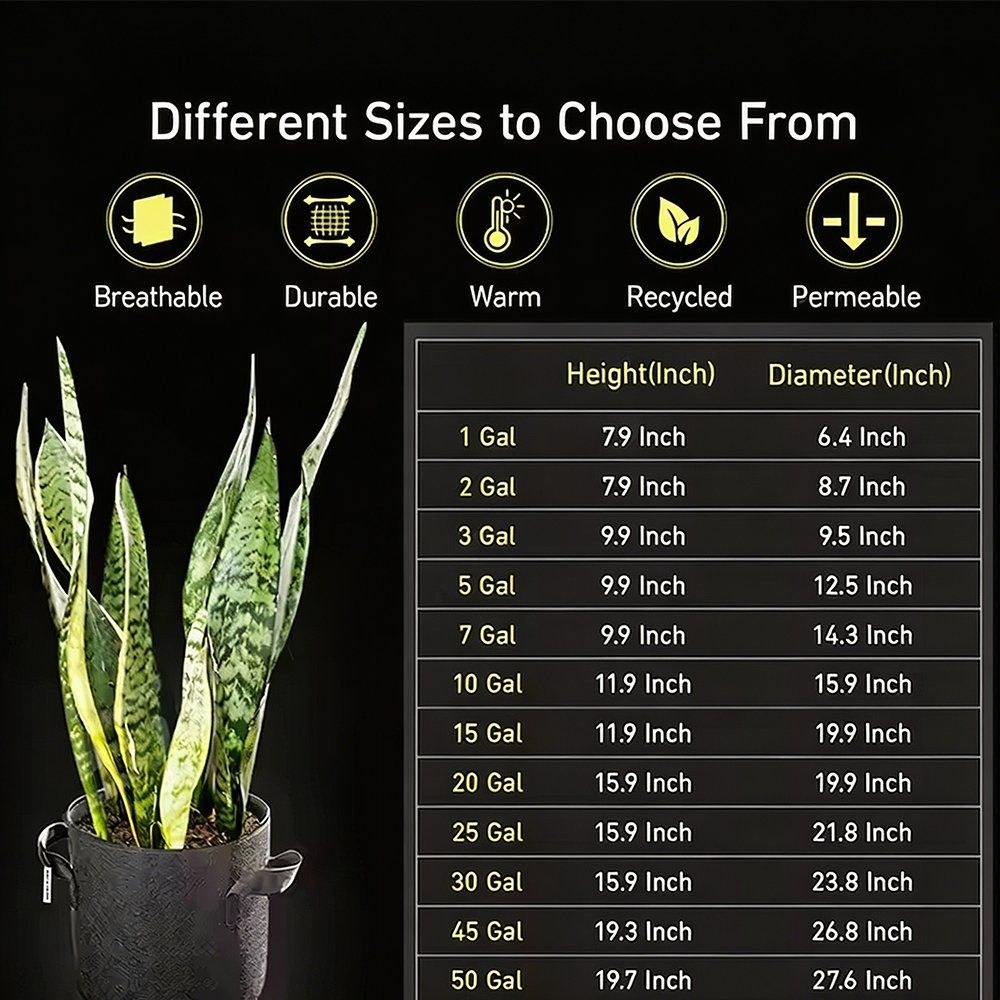 grow bag size table listing height and diameter for every gallon size