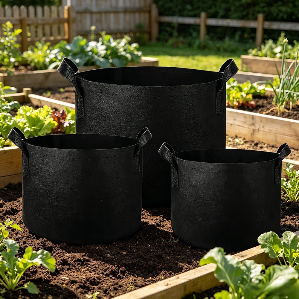 black polyester grow bags shown in two sizes beside a raised bed