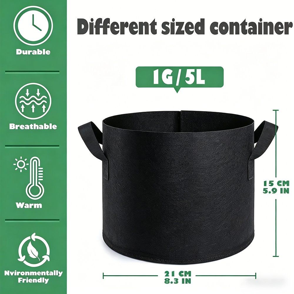grow bag container size chart showing five litre capacity measurements