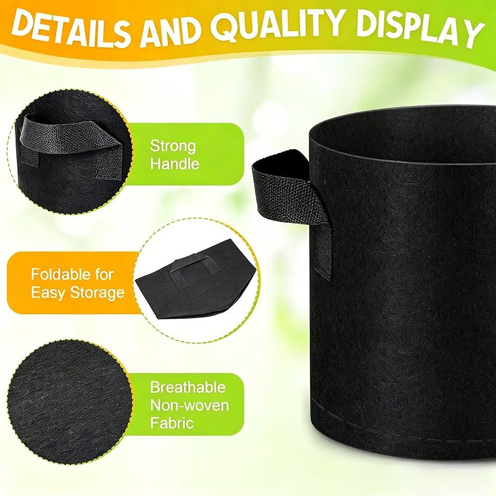 grow bag detail callouts for strong handle foldable storage and breathable fabric