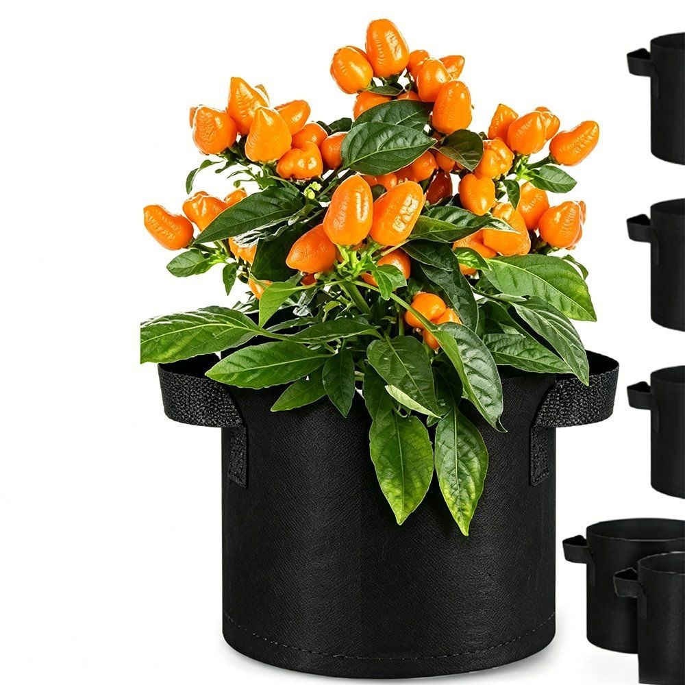 black nonwoven grow bag with a flowering plant and size markings