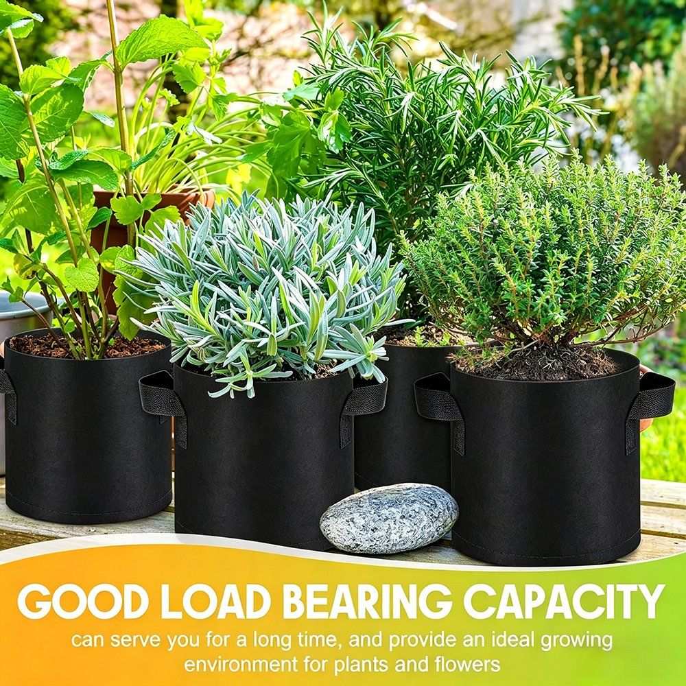 black nonwoven grow bags planted with herbs in a garden setting