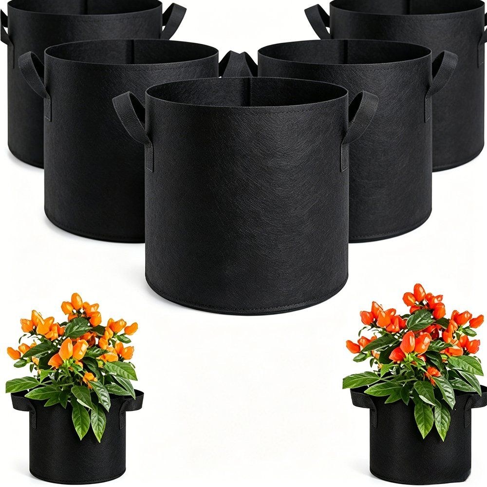 set of black nonwoven grow bags with PP handles in several sizes