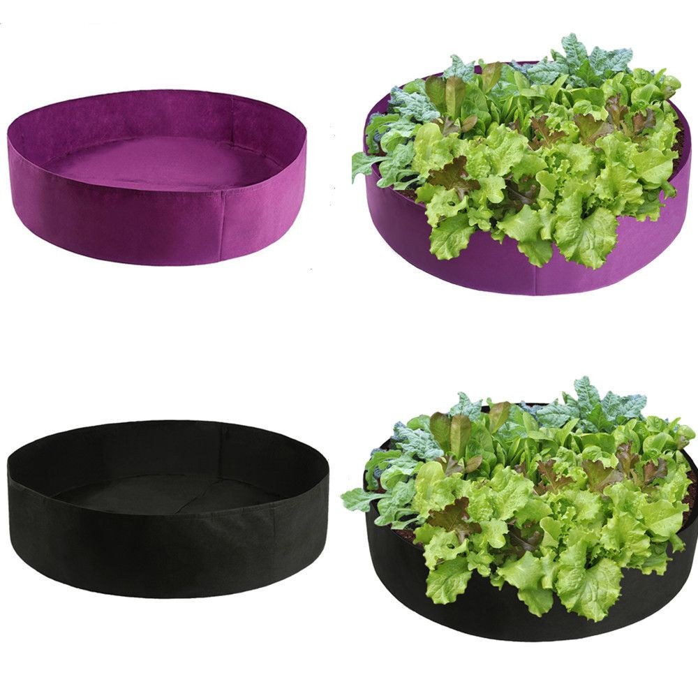 round felt raised beds shown empty in purple and black with lettuce