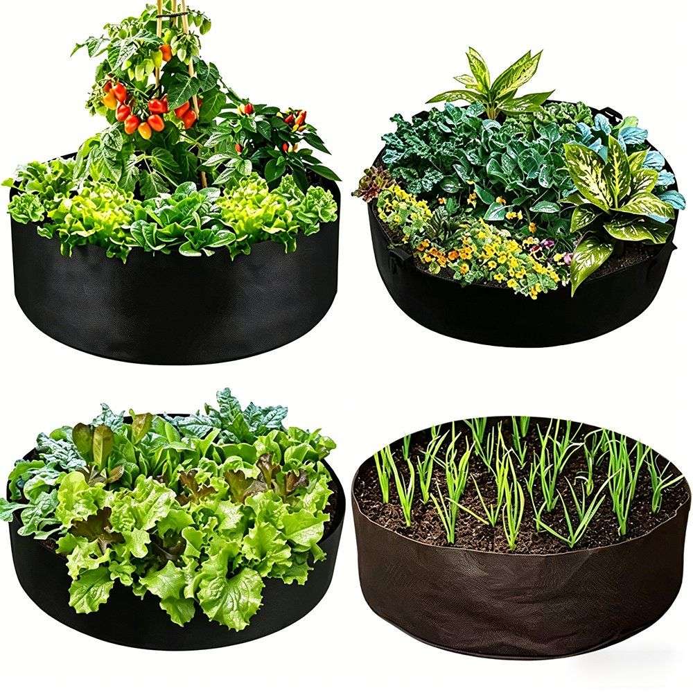 four round felt raised beds planted with different vegetable and herb crops