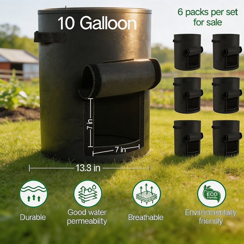 ten gallon grow bag size chart with window height and pack quantity