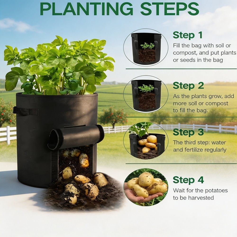 planting steps for potatoes in a ten gallon grow bag with a harvest window