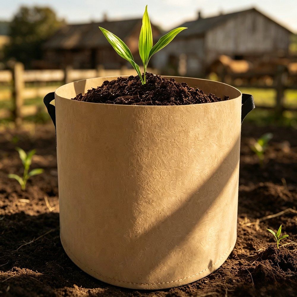 tan nonwoven grow bag planted with a young seedling