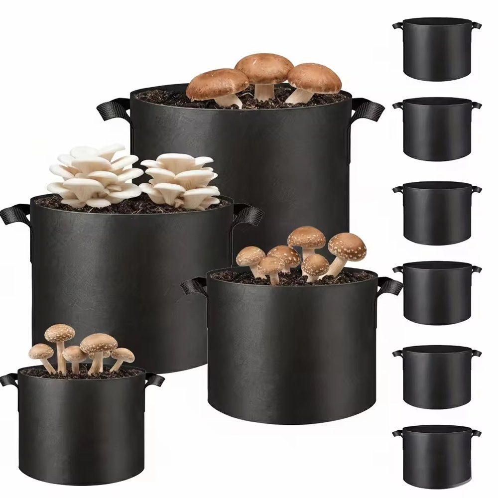 set of black grow bags in a ladder of sizes with mushrooms growing