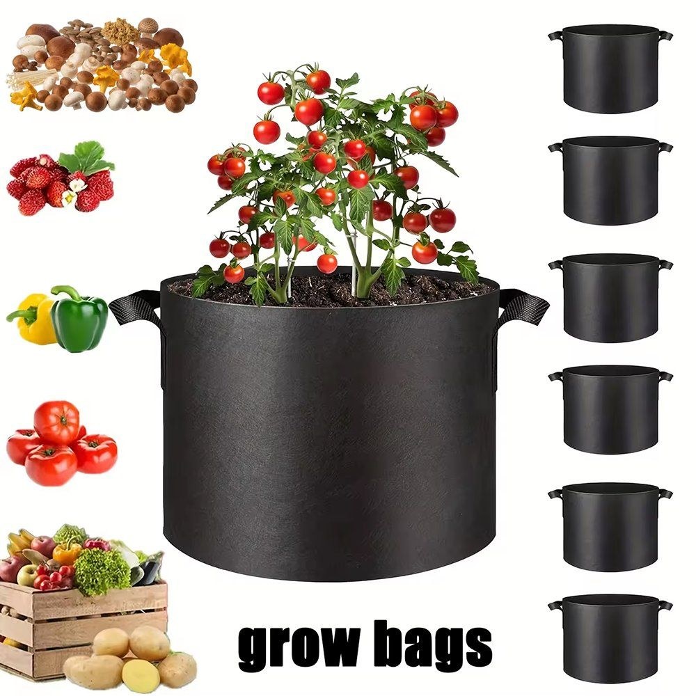 black nonwoven grow bag with tomatoes and a ladder of bag sizes
