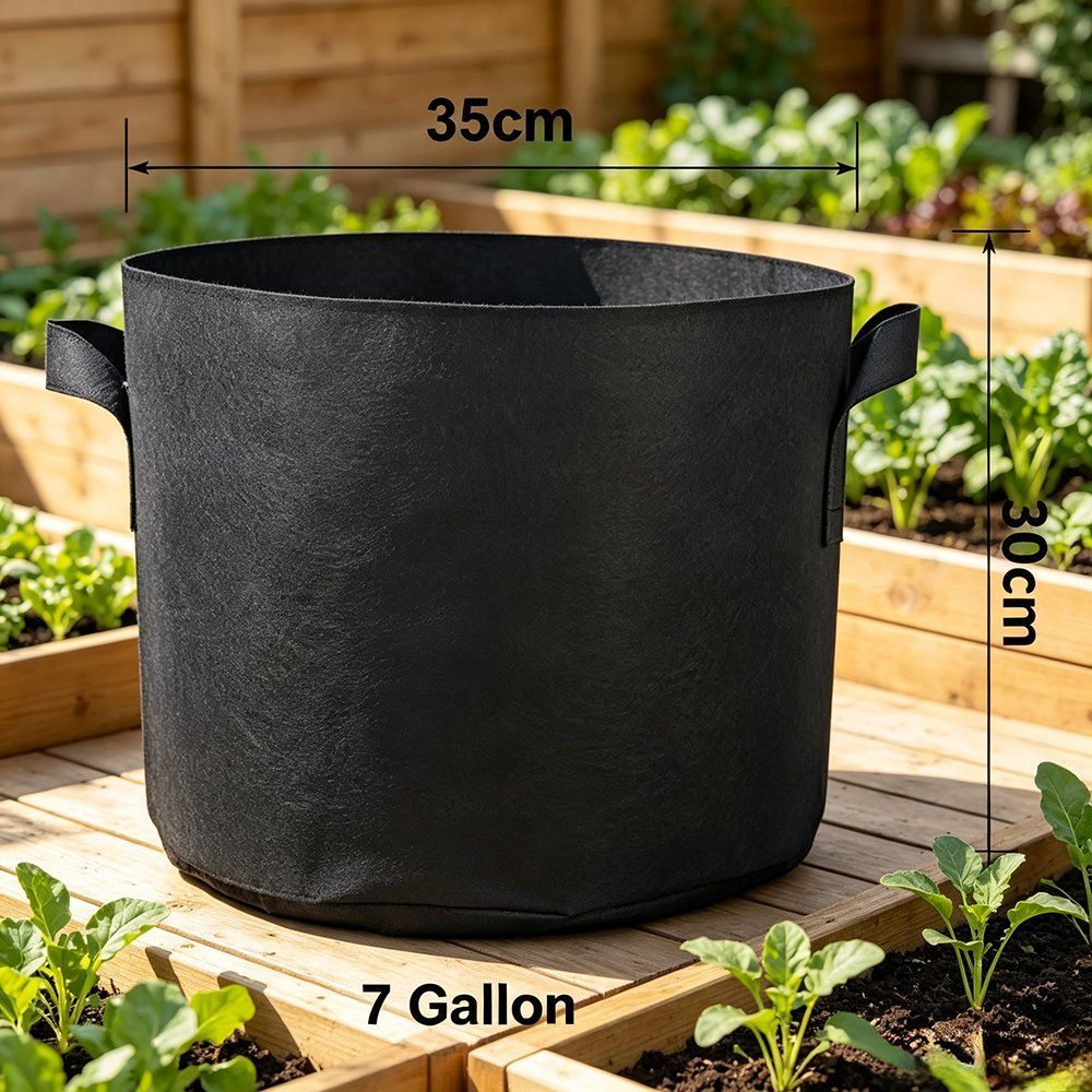 seven gallon grow bag with width and height dimensions marked