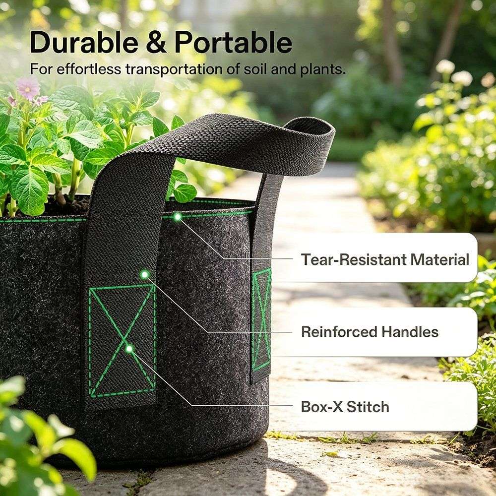 grow bag callouts for tear resistant material reinforced handles and box x stitch