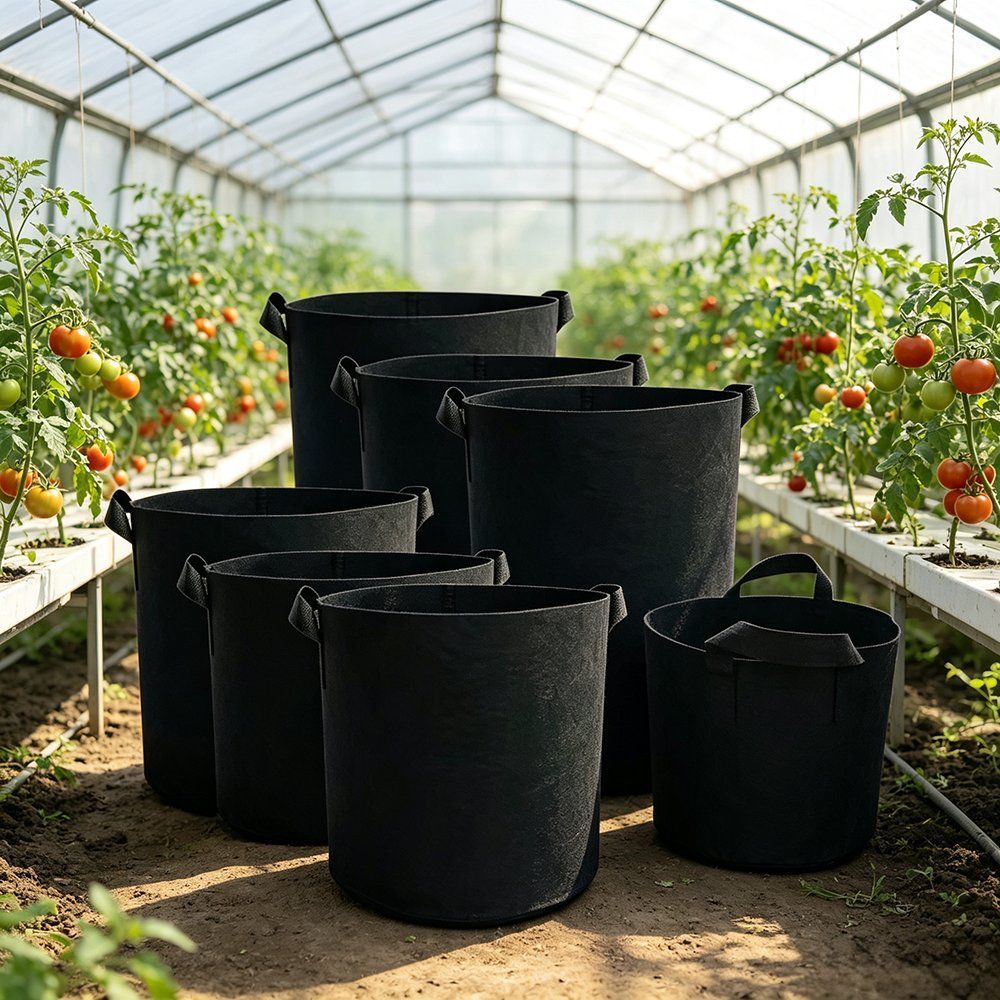 fabric grow bags in several sizes standing in a greenhouse
