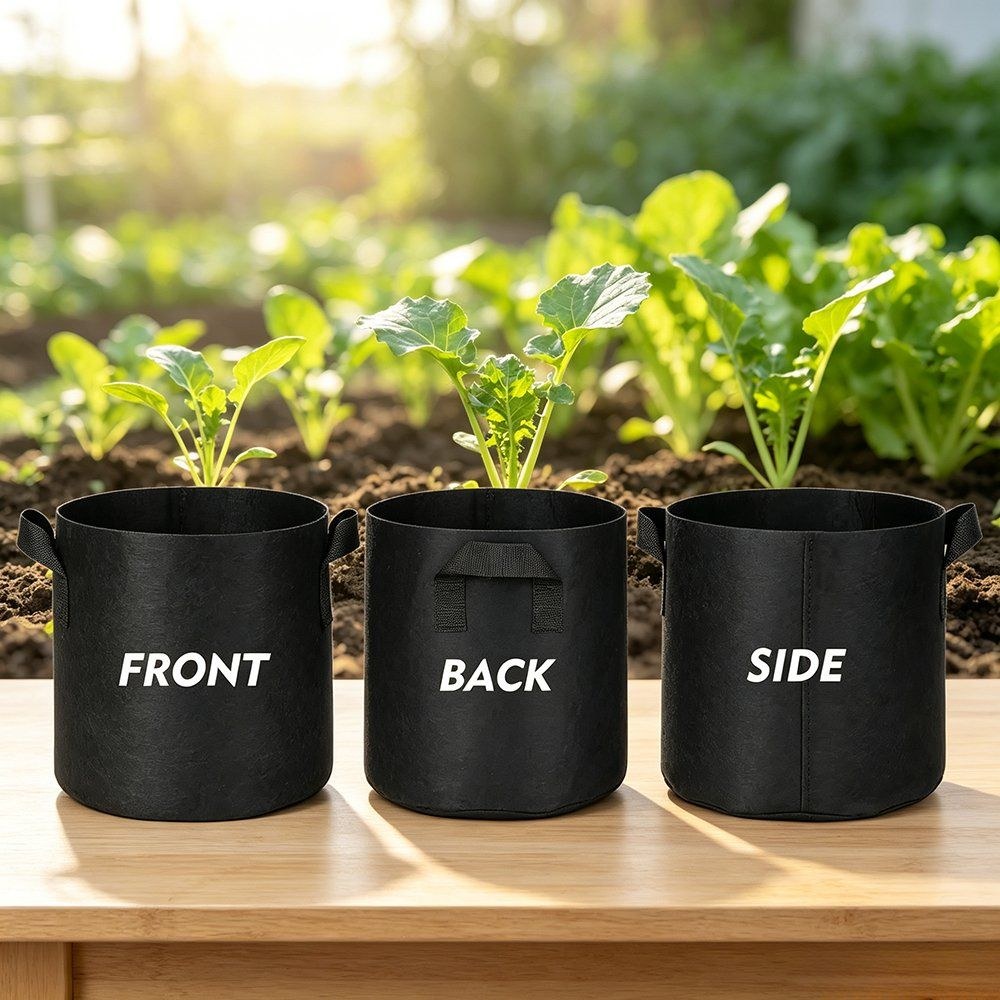 three black fabric grow bags with seedlings labelled front back and side views
